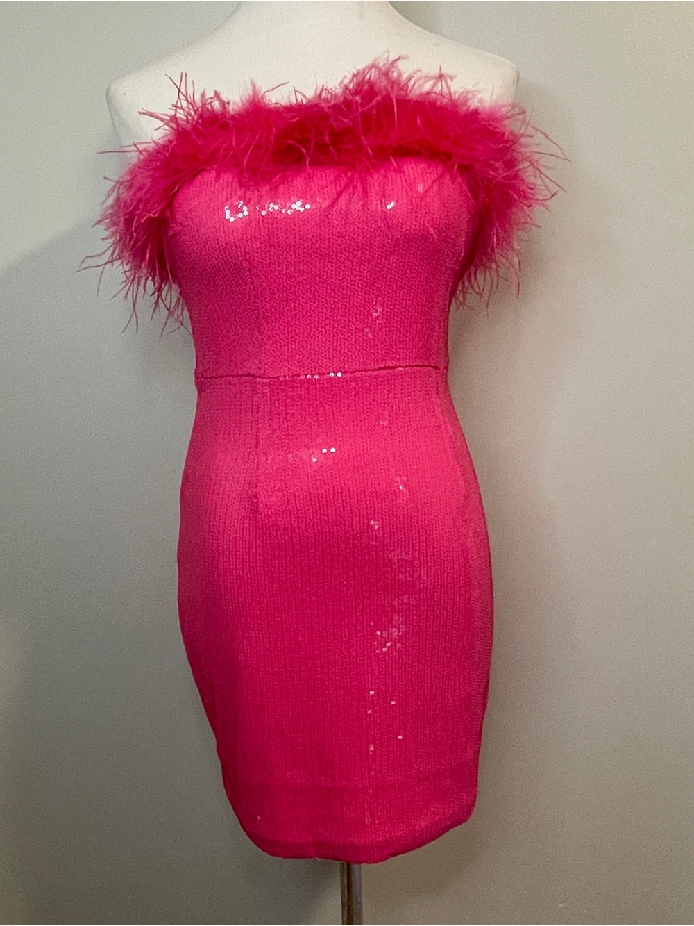 Bella Barnett Strapless Hot Pink Feather-Trim Mini Dress